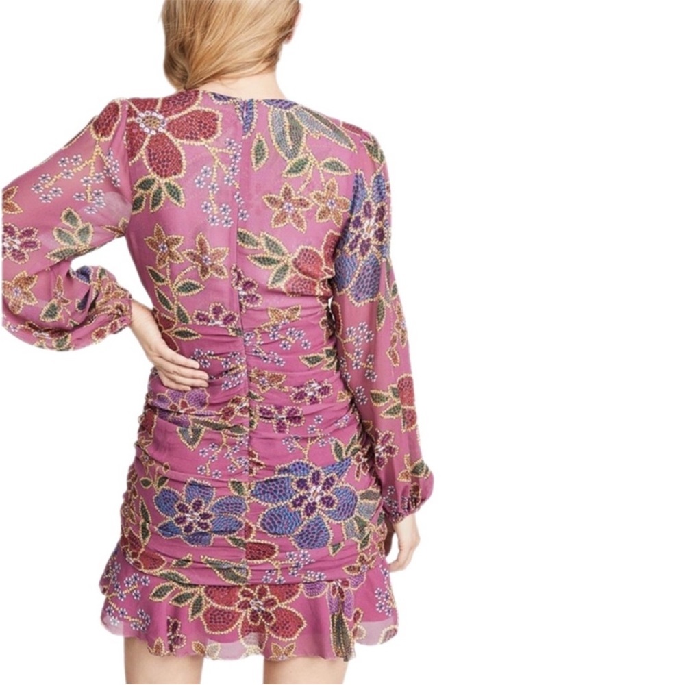 FARM RIO Mauve Pink Blue Floral Long Sleeve Plunging V Ruched Ruffle Mini Dress - Picture 6 of 17